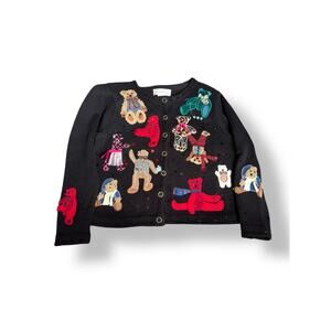 Vintage Susan Bristol Teddy Bear Applique Black Knit Cardigan Petite Whimsical